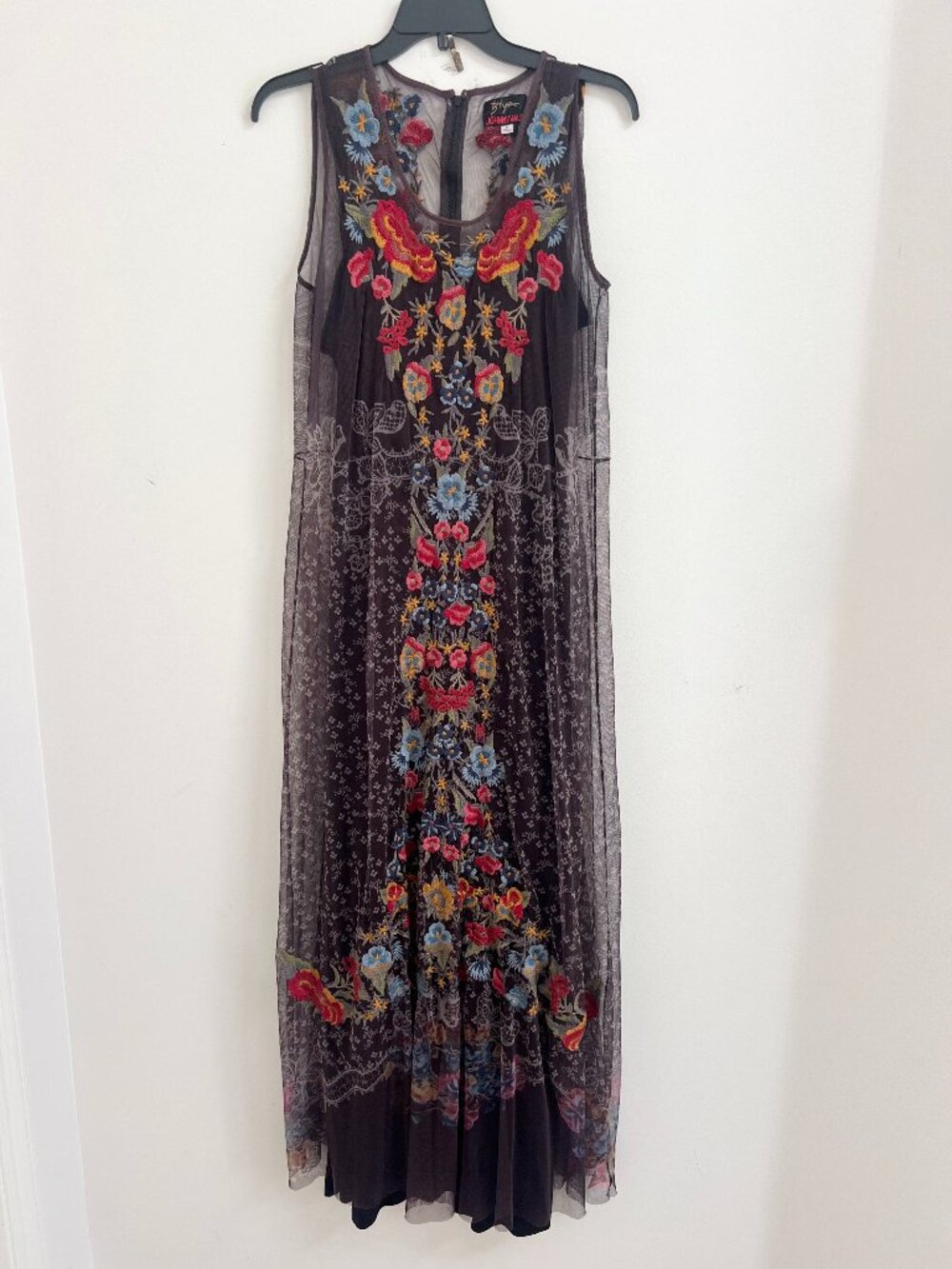 Biya Johnny Was Pansy Mesh Floral Embroidered Maxi Dress Black Slip M